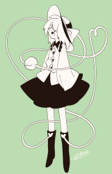 Rule 34 | 1girl, :o, arms at sides, blending, blouse, boots, collared shirt, dated, eyeball, frilled shirt collar, frills, from side, full body, green background, greyscale, greyscale with colored background, hair over one eye, hat, hat ribbon, heart, heart of string, highres, komeiji koishi, legs apart, long sleeves, looking at viewer, looking to the side, medium hair, medium skirt, monochrome, open mouth, ribbon, shikido (khf), shirt, signature, simple background, skirt, solo, spot color, standing, string, third eye, touhou, wide sleeves