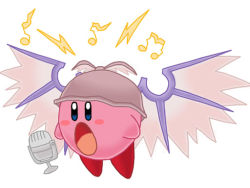 Rule 34 | bad singing, blush stickers, crossover, female focus, fusion, kirby, kirby (series), microphone, music, musical note, mystia lorelei, nintendo, no humans, parody, simple background, singing, solo, touhou, white background, wings