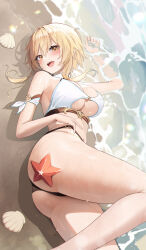 Rule 34 | 1girl, :d, absurdres, ass, atom mtoa, bare shoulders, beach, blonde hair, blush, genshin impact, highres, looking at viewer, lumine (genshin impact), lying, on side, open mouth, sand, seashell, shell, smile, solo, starfish, thighs, water, wet, yellow eyes