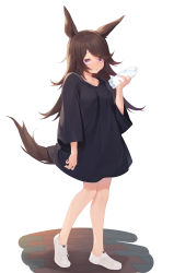 Rule 34 | 1girl, absurdres, animal ears, black shirt, bottle, brown hair, commentary request, full body, hand up, highres, holding, holding bottle, horse ears, horse girl, horse tail, long hair, long sleeves, looking at viewer, mokew, no socks, purple eyes, rice shower (umamusume), shirt, shoes, solo, tail, umamusume, water, water bottle, white background, white footwear, wide sleeves