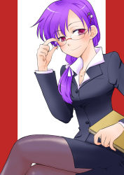 Rule 34 | 1girl, adjusting eyewear, aisha landar, black pantyhose, blouse, book, elsword, formal, glasses, hair ornament, hairpin, jewelry, necklace, office lady, pantyhose, shirt, simple background, sitting, skirt, skirt suit, smile, solo, suit, thighhighs, thighs, uniform, vineger, white shirt