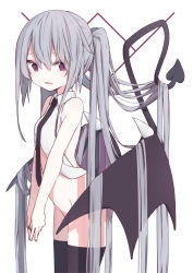 Rule 34 | 1girl, bare arms, bare shoulders, black necktie, black thighhighs, bottomless, commentary request, demon girl, demon tail, demon wings, fingernails, grey hair, grey nails, groin, hair between eyes, hair flowing over, highres, long hair, nail polish, necktie, original, paryi, purple wings, red eyes, shirt, sleeveless, sleeveless shirt, solo, tail, tail raised, thighhighs, twintails, very long hair, white background, white shirt, wing censor, wings