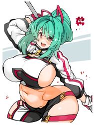 Rule 34 | 1girl, borrowed character, breasts, female focus, green hair, holding, holding weapon, impossible clothes, large breasts, long hair, looking at viewer, navel, open mouth, original, plump, puffy sleeves, red eyes, sachito, sideboob, solo, standing, thick thighs, thighs, weapon