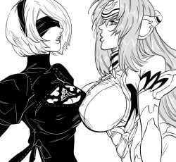 Rule 34 | 2girls, bad id, bb (baalbuddy), blindfold, bodysuit, breast contest, breast press, breasts, cleavage, cleavage cutout, clothing cutout, covered eyes, crossover, dress, from side, greyscale, hairband, headband, headphones, highres, inactive account, juliet sleeves, kos-mos, large breasts, long hair, long sleeves, medium breasts, monochrome, multiple girls, namco, nier:automata, nier (series), parted lips, puffy sleeves, short hair, simple background, square enix, symmetrical docking, trait connection, upper body, white background, xenosaga, 2b (nier:automata)
