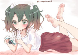 Rule 34 | 1girl, barefoot, blush, feet, green eyes, kantai collection, long hair, lying, on stomach, pocky, reading, soles, toes, twintails, zuikaku (kancolle)
