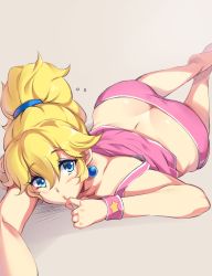 Rule 34 | 1girl, ass, blonde hair, blue eyes, blush, breasts, butt crack, downpants, earrings, finger to mouth, highres, hip focus, huge ass, jewelry, long hair, looking at viewer, mario (series), moisture (chichi), nintendo, princess peach, short hair, short shorts, shorts, solo, wide hips