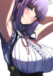 Rule 34 | 1girl, absurdres, armpit focus, armpits, arms behind head, arms up, artist name, black skirt, blush, breasts, collar, commentary, dagashi kashi, english commentary, frilled collar, frilled shirt, frilled sleeves, frills, head tilt, highres, large breasts, looking at viewer, medium hair, mixed-language commentary, paid reward available, purple eyes, purple hair, red ribbon, ribbon, seductive smile, shadow, shidare hotaru, shiny skin, shirt, short hair, short sleeves, simple background, skirt, smile, solo, suspender skirt, suspenders, sweat, tomodachi (tomofanart), upper body, white background