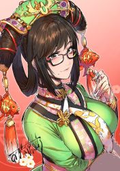 Rule 34 | az ky, breasts, brown hair, chinese clothes, fish, flower, glasses, hair ornament, hair rings, highres, large breasts, red background, samurai spirits, solo, wu-ruixiang