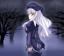 Rule 34 | 00s, 1girl, ass, beret, black bodysuit, bodysuit, caren hortensia, fate/stay night, fate (series), from behind, hat, juliet sleeves, jun (aoerm), layered sleeves, long sleeves, pantyhose, puffy long sleeves, puffy sleeves, sidelocks, silver hair, skin tight, solo, standing, yellow eyes