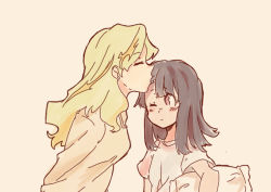 Rule 34 | 2girls, artist request, beige background, blonde hair, blush, brown hair, carrying, carrying under arm, diana cavendish, closed eyes, kagari atsuko, kiss, kissing forehead, little witch academia, multiple girls, one eye closed, pajamas, pillow, red eyes, sleepwear, yuri