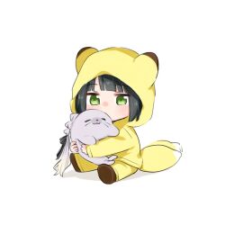 1girl :3 afterimage animal animal_ears animal_hood animalization black_hair black_ribbon blunt_bangs blunt_ends blush bob_cut brown_shoes closed_eyes fox_ears fox_hood fox_tail green_eyes hair_ribbon holding holding_animal holiday_holiday_(love_live!) hood hood_up hoodie kemonomimi_mode link!_like!_love_live! long_sleeves love_live! momose_ginko multi-tied_hair official_alternate_costume pants ponytail ribbon seal_(animal) shoes short_hair simple_background sitting tail tail_wagging virtual_youtuber white_2530 white_background yellow_hoodie yellow_pants