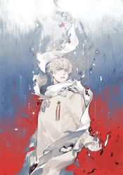 Rule 34 | 1boy, axis powers hetalia, blood, broken, burn mark, coat, crack, eteru, flag, highres, holding, holding star, long sleeves, looking at viewer, male focus, medal, parted lips, red star, russia (hetalia), russian flag, scarf, solo, star (symbol), torn clothes, torn scarf, upper body, white coat, white eyes, white hair, white scarf