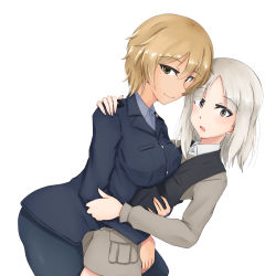 Rule 34 | 2girls, blonde hair, blush, brave witches, breasts, brown eyes, closed mouth, edytha rossmann, eyebrows, highres, hug, isosceles triangle (xyzxyzxyz), large breasts, looking at viewer, looking to the side, military, military uniform, monochrome background, multiple girls, open mouth, pantyhose, shiny skin, short hair, simple background, small breasts, smile, uniform, waltrud krupinski, white background, white hair, world witches series, yuri