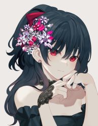 Rule 34 | 1girl, :/, achiki, black choker, black dress, black hair, bow, choker, dress, flower, flower choker, hair between eyes, hair flower, hair ornament, hand on own chin, high ponytail, light blush, long hair, looking at viewer, original, portrait, red bow, red eyes, simple background, solo, white background