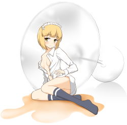 Rule 34 | 1girl, ass, bartender, black socks, blonde hair, blunt bangs, blush, breasts, cocktail glass, commentary, cup, cutlass (girls und panzer), dress shirt, drinking glass, girls und panzer, long sleeves, looking at viewer, lying, maid headdress, medium breasts, naked shirt, no pants, off shoulder, on side, open clothes, open shirt, oversized object, rebirth42000, shirt, short hair, sideboob, socks, solo, spill, white shirt, wing collar, yellow eyes