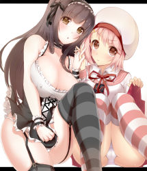Rule 34 | 2girls, :o, blush, breasts, brown eyes, brown hair, cleavage, covered erect nipples, dress, fay (fay axl), frilled dress, frills, garter straps, hair ribbon, hat, holding hands, large breasts, long hair, looking at viewer, maid headdress, md5 mismatch, multiple girls, open mouth, original, panties, pantyshot, pink hair, red eyes, ribbon, short hair, skirt, skirt tug, smile, striped legwear, thighhighs, underwear, white panties