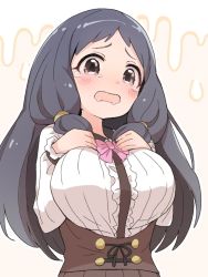 Rule 34 | 1girl, black hair, blush, bow, breasts, brown eyes, brown skirt, center frills, drooling, forehead, frills, hands on own chest, hands up, idolmaster, idolmaster cinderella girls, large breasts, long hair, long sleeves, looking at viewer, ohnuma kurumi, open mouth, pink bow, saliva, shirt, sidelocks, skirt, solo, tadanoshi kabane, tears, very long hair, white shirt