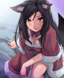 Rule 34 | 1girl, animal ears, breasts, brown hair, capelet, cleavage, dress, fur-trimmed capelet, fur-trimmed dress, fur trim, highres, imaizumi kagerou, large breasts, long hair, looking at viewer, red dress, red eyes, santa costume, santa dress, smile, solo, tail, tenamaru, touhou, wolf ears, wolf tail