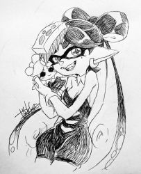 Rule 34 | 1girl, :d, bare shoulders, breasts, callie (splatoon), character doll, cleavage, cross-shaped pupils, detached collar, doll, earrings, food, food on head, gloves, holding, holding doll, inkling, isamu-ki (yuuki), jewelry, jumpsuit, long hair, marie (splatoon), medium breasts, mole, mole under eye, monochrome, nintendo, object on head, open mouth, pointy ears, simple background, smile, solo, splatoon (series), splatoon 1, suction cups, symbol-shaped pupils, teeth, tentacle hair, traditional media, white background
