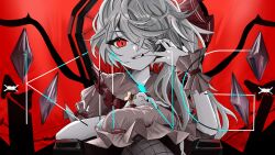 Rule 34 | 1girl, collar, commentary, crystal, finger in own mouth, fingernails, flandre scarlet, frilled collar, frills, hair over one eye, hat, highres, king (vocaloid), looking at viewer, mob cap, one side up, ougiikun, red eyes, red theme, slit pupils, solo, touhou, upper body, vocaloid, wings, wrist cuffs