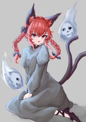 Rule 34 | 1girl, :d, absurdres, animal ear fluff, animal ears, black bow, bow, braid, cat ears, cat tail, extra ears, ghost, grey background, highres, hitodama, kaenbyou rin, leg ribbon, multiple tails, open mouth, puffy sleeves, red eyes, red hair, ribbon, shadow, simple background, sitting, skull, slit pupils, smile, solo, tail, touhou, tsurime, twin braids, two tails, utinokofia, yokozuwari