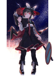 Rule 34 | 1girl, absurdres, black skirt, book, glowing, hat, hat ribbon, highres, muraryo, necktie, red eyes, red neckwear, ribbon, road sign, sign, skirt, sky, star (sky), starry sky, stop sign, thighhighs, touhou, usami renko