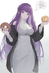 Rule 34 | 2girls, absurdres, bare shoulders, black robe, blush, breasts, collar, commentary, cowboy shot, doughnut, dress, elf, fern (sousou no frieren), food, frilled collar, frills, green eyes, grey hair, hands up, heart, high collar, highres, holding, holding doughnut, holding food, large breasts, long hair, long sleeves, multiple girls, off shoulder, pancake-haluka, pointy ears, pout, purple eyes, purple hair, robe, simple background, sleeveless, sleeveless dress, sousou no frieren, spoken character, very long hair, white background, white dress, wristband