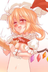 Rule 34 | 1girl, bad id, bad pixiv id, bandaid, bandaids on nipples, blonde hair, blush, grabbing another&#039;s breast, breasts, demekyon, fang, flandre scarlet, grabbing, guided breast grab, guiding hand, hat, navel, open mouth, pasties, red eyes, short hair, side ponytail, small breasts, smile, solo focus, touhou, wings, wrist cuffs