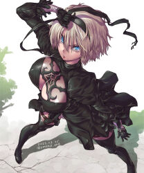 Rule 34 | 1girl, amania orz, black dress, black gloves, black hairband, blue eyes, boots, breasts, cleavage, crack, dated, dress, gloves, grey hair, hairband, highres, juliet sleeves, large breasts, long sleeves, looking at viewer, nier:automata, nier (series), puffy sleeves, shadow, short hair, solo, thigh boots, twitter username, 2b (nier:automata)