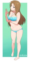 Rule 34 | 1girl, absurdres, barefoot, bikini, blue bikini, blue bow, blue eyes, bow, bow bikini, breast hold, breasts, brown hair, cleavage, dated, from side, full body, gradient background, green background, halterneck, highres, idolmaster, idolmaster cinderella girls, large breasts, long hair, looking at viewer, matsumoto sarina, navel, onao, outside border, parted bangs, smile, solo, standing, swimsuit, w