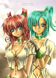 Rule 34 | 2girls, aqua hair, atalanta (priston tale), blue eyes, breasts, brown hair, center opening, choker, cleavage, collarbone, fingerless gloves, gloves, green eyes, hand on shoulder, large breasts, midriff, multiple girls, navel, one eye closed, ponytail, priston, priston tale, short hair, smile, twintails, upper body, wink