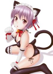Rule 34 | 1girl, :o, akahige, animal ears, arm garter, ass, bare shoulders, bell, bikini, black bikini, black thighhighs, breasts, brown eyes, cat ears, cat tail, choker, cleavage, cover, dimples of venus, elbow gloves, fang, frilled thighhighs, frills, from above, gloves, hair ribbon, looking at viewer, maid, maid headdress, nagato yuki, open mouth, paw pose, purple hair, ribbon, short hair, side-tie bikini bottom, sitting, skindentation, small breasts, smile, solo, suzumiya haruhi no yuuutsu, swimsuit, tail, thighhighs, wariza, white gloves, wrist ribbon