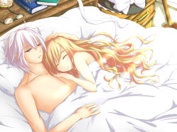 Rule 34 | 1boy, 1girl, aftersex, bed, blonde hair, book, broom, couple, cuddling, unworn eyewear, glasses, hand on another&#039;s chest, hand on another&#039;s head, hat, unworn hat, unworn headwear, hetero, kirisame marisa, long hair, morichika rinnosuke, ranran (iaotak), short hair, sleeping, sunlight, touhou, under covers, white hair, witch hat