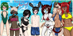 Rule 34 | 1boy, 1girl, 6+girls, abs, absurdres, animal ears, beach, belly, bikini, blonde hair, blue eyes, blush, bluwolfsasts, breasts, brown eyes, cat ears, cat girl, cat tail, colored skin, cpt.tester works, dark-skinned female, dark skin, dog girl, elf, elora (cpt.tester), goth fashion, gothic, green hair, group picture, happy, highres, horns, incredibly absurdres, jewelry, large breasts, looking at another, looking at viewer, looking away, midriff, monster girl, multiple girls, necklace, orange eyes, pale skin, petite, pink eyes, pointy ears, red hair, shy, swimsuit, tail, tall female, tattoo, white skin, wolf ears, wolf girl