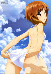 Rule 34 | 10s, 1girl, :o, absurdres, adjusting clothes, adjusting swimsuit, ass, barefoot, bikini, brown eyes, brown hair, cloud, cowboy shot, day, feet, from behind, girls und panzer, highres, legs, looking at viewer, looking back, matching hair/eyes, megami magazine, nishizumi miho, non-web source, official art, orange eyes, orange hair, scan, short hair, side-tie bikini bottom, sky, solo, standing, swimsuit, trefoil, wet, white bikini, yoshida nobuyoshi