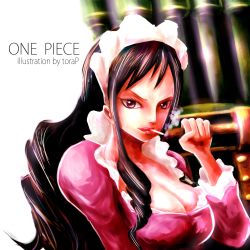 Rule 34 | 1girl, baby 5, black hair, cigarette, donquixote pirates, highres, maid headdress, one piece, smoking, weapon