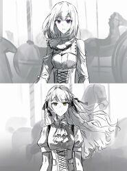 2girls absurdres bang_dream! bang_dream!_it&#039;s_mygo!!!!! brooch carousel closed_mouth clothing_cutout commentary_request corset doloris_(bang_dream!) floating_hair greyscale hair_ribbon highres jewelry long_hair looking_at_viewer medium_hair misumi_uika monochrome multiple_girls oblivionis_(bang_dream!) open_mouth puffy_short_sleeves puffy_sleeves purple_eyes ribbon short_sleeves shoulder_cutout spot_color togawa_sakiko ushio0104 yellow_eyes