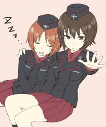 Rule 34 | 10s, 2girls, alternate costume, arm around neck, black legwear, brown eyes, brown hair, commentary request, drooling, garrison cap, gedou (ge ge gedou), girls und panzer, hand on another&#039;s shoulder, hat, jacket, long sleeves, looking at viewer, matching outfits, military, military uniform, miniskirt, multiple girls, nishizumi maho, nishizumi miho, pink background, pleated skirt, red skirt, saliva, short hair, siblings, side-by-side, simple background, sisters, skirt, socks, uniform, zzz