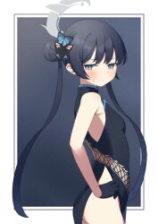 Rule 34 | 1girl, ass, bare shoulders, black eyes, black gloves, black hair, blue archive, blush, border, breasts, butterfly hair ornament, china dress, chinese clothes, dress, from side, frown, gloves, hair bun, hair ornament, halo, hand on own hip, highres, hizikata398, kisaki (blue archive), looking at viewer, no panties, single hair bun, small breasts, solo, sweatdrop, twintails