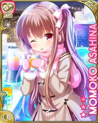 Rule 34 | 1girl, asahina momoko, bow, brown hair, card (medium), character name, closed mouth, coat, dress, girlfriend (kari), hair bow, hair ribbon, ice sculpture, juice, mittens, night, official art, one eye closed, one side up, orange juice, outdoors, pink dress, qp:flapper, red eyes, ribbon, side ponytail, skirt, smile, snow, snowing, solo, tongue, tongue out, white bow, wink, winter clothes, winter coat