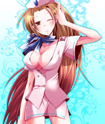 Rule 34 | 1girl, ace attorney, ace attorney investigations, bad id, bad pixiv id, blush, breasts, brown eyes, brown hair, cammy meele, capcom, cleavage, earrings, flight attendant, hat, jewelry, large breasts, long hair, one eye closed, pencil skirt, rumiya (superslug), scarf, skirt, solo, travel attendant, very long hair, wink