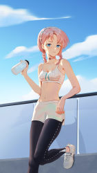 Rule 34 | 1girl, against railing, arknights, bare arms, black pants, blue eyes, blue poison (arknights), blue poison (shoal beat) (arknights), blue sky, bottle, braid, breasts, character name, choker, closed mouth, cloud, commentary request, day, english text, hairband, highres, holding, holding bottle, against railing, long hair, looking at viewer, medium breasts, midriff, navel, official alternate costume, outdoors, pants, pants under shorts, phina (jinahou), pink choker, pink hair, railing, shoes, shorts, sky, smile, sneakers, solo, sports bra, twin braids, water bottle, white footwear, white hairband, white shorts, white sports bra, yoga pants