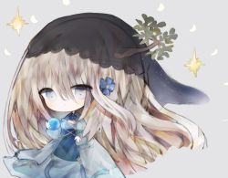 Rule 34 | 1girl, bad id, bad pixiv id, blue dress, blue eyes, blush, branch, breasts, brown hair, character request, chibi, closed mouth, commentary request, cottontailtokki, dress, grey background, hair between eyes, hair ornament, highres, holding, long hair, long sleeves, looking away, medium breasts, puffy long sleeves, puffy sleeves, see-through, shadowverse, simple background, solo, veil, very long hair
