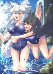 Rule 34 | 2girls, animal ears, bare shoulders, black hair, black wings, breasts, collarbone, fang, inubashiri momiji, large breasts, looking at another, marusan, multiple girls, one-piece swimsuit, one eye closed, open mouth, out of character, red eyes, school swimsuit, shameimaru aya, short hair, silver hair, swimsuit, tail, touhou, water, waterfall, wings, wolf ears, wolf tail