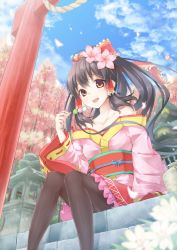 Rule 34 | 1girl, alternate costume, bare shoulders, black hair, black pantyhose, brown eyes, cherry blossoms, dabadhi, dango, female focus, flower, food, hair flower, hair ornament, hair tubes, hakurei reimu, highres, holding, long hair, open mouth, pantyhose, sitting, sitting on stairs, smile, solo, stairs, touhou, wagashi