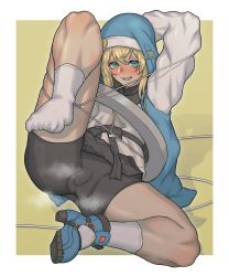 Rule 34 | 1boy, absurdres, arm behind head, bdsm, bike shorts, black skirt, blonde hair, blue hoodie, blush, bondage, border, bound, bridget (guilty gear), bulge, covered testicles, cross, drawstring, dress, fingerless gloves, gloves, green eyes, guilty gear, guilty gear strive, hair between eyes, highres, hood, hood up, hoodie, leg up, long hair, looking at viewer, male focus, miniskirt, open clothes, open hoodie, open mouth, pleated skirt, shirt, sidelocks, simple background, skindentation, skirt, socks, solo, spread legs, steam, steaming body, thick thighs, thighs, trap, white border, white shirt, yamajee illust, yellow background
