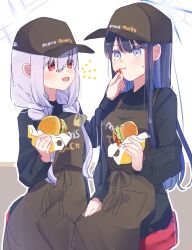 Rule 34 | 2girls, apron, atsuko (blue archive), black hair, black headwear, blue archive, blue eyes, blue hair, blue halo, braid, brown apron, burger, closed mouth, colored inner hair, commentary, food, hair between eyes, halo, hat, holding, holding food, knkgdisk, long hair, mom&#039;s touch, multicolored hair, multiple girls, open mouth, puffy short sleeves, puffy sleeves, purple hair, purple halo, red eyes, saori (blue archive), short sleeves, smile, symbol-only commentary, twin braids