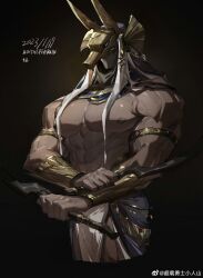 Rule 34 | 1boy, abs, armlet, ashthepenguin, bara, cropped legs, dagger, dark-skinned male, dark skin, dual wielding, egyptian, egyptian clothes, gold, highres, holding, holding dagger, holding knife, holding weapon, horus (mythology), jewelry, knife, large pectorals, male focus, mask, muscular, muscular male, necklace, nipples, original, pectorals, pelvic curtain, shiny skin, sideburns, solo, stomach, thick thighs, thighs, topless male, weapon, weapon request