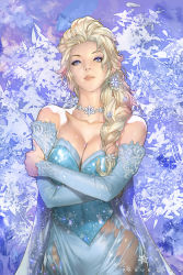 Rule 34 | 1girl, bare shoulders, blonde hair, braid, braveking, breasts, choker, cleavage, collarbone, crossed arms, detached sleeves, dress, elsa (frozen), eyelashes, eyeshadow, frozen (disney), hair ornament, hair over shoulder, highres, jewelry, large breasts, lips, long hair, looking at viewer, makeup, necklace, nose, purple eyes, realistic, see-through, sequins, shiny skin, single braid, snowflakes, solo, strapless, strapless dress