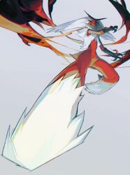 Rule 34 | blaziken, blue eyes, blurry, claws, closed mouth, commentary request, creatures (company), fire, game freak, gen 3 pokemon, grey background, highres, kicking, looking at viewer, moonagvaze, nintendo, pokemon, pokemon (creature), solo